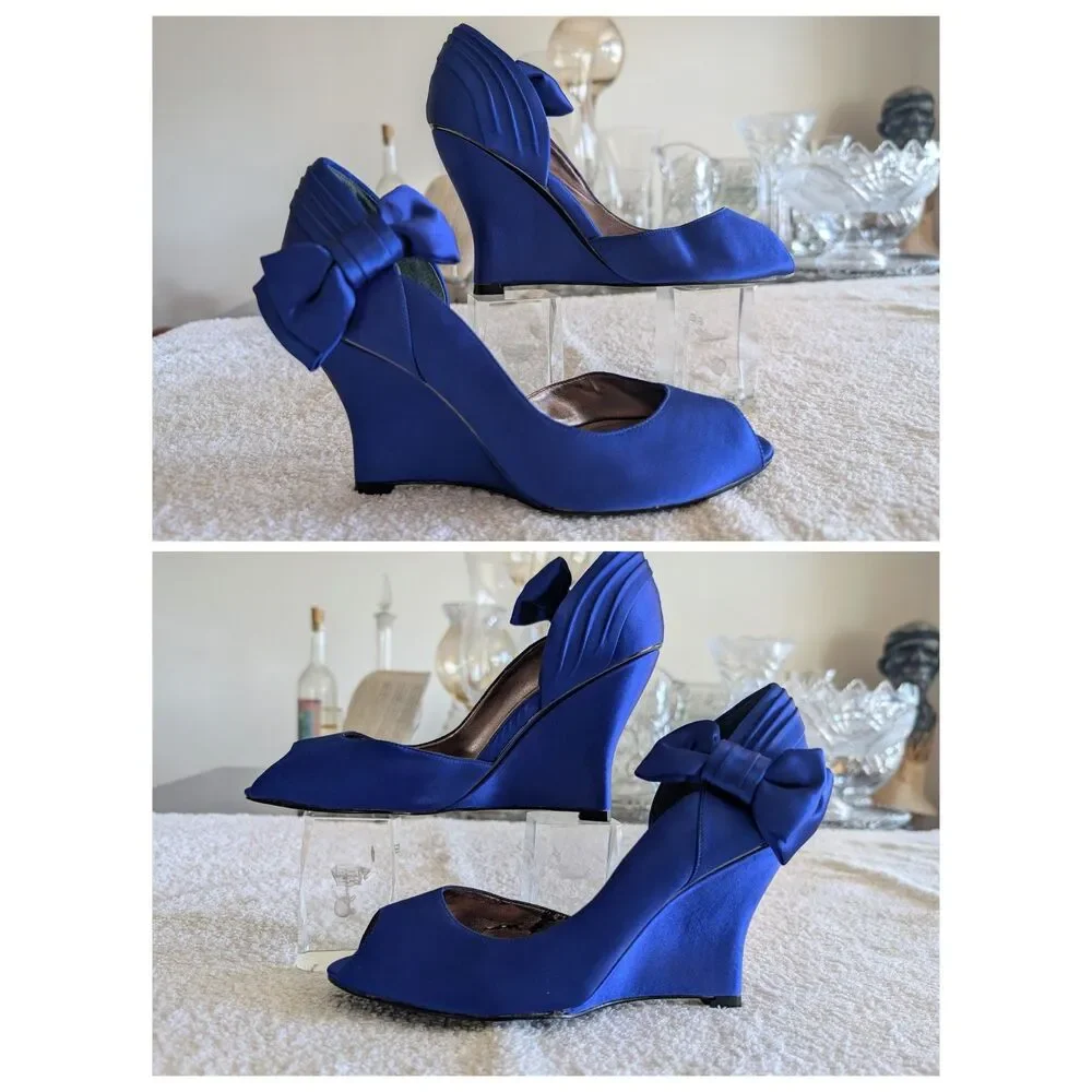 Nina New York Blue Satin Peep Toe Wedge Heels Bow Women’s 7M Formal